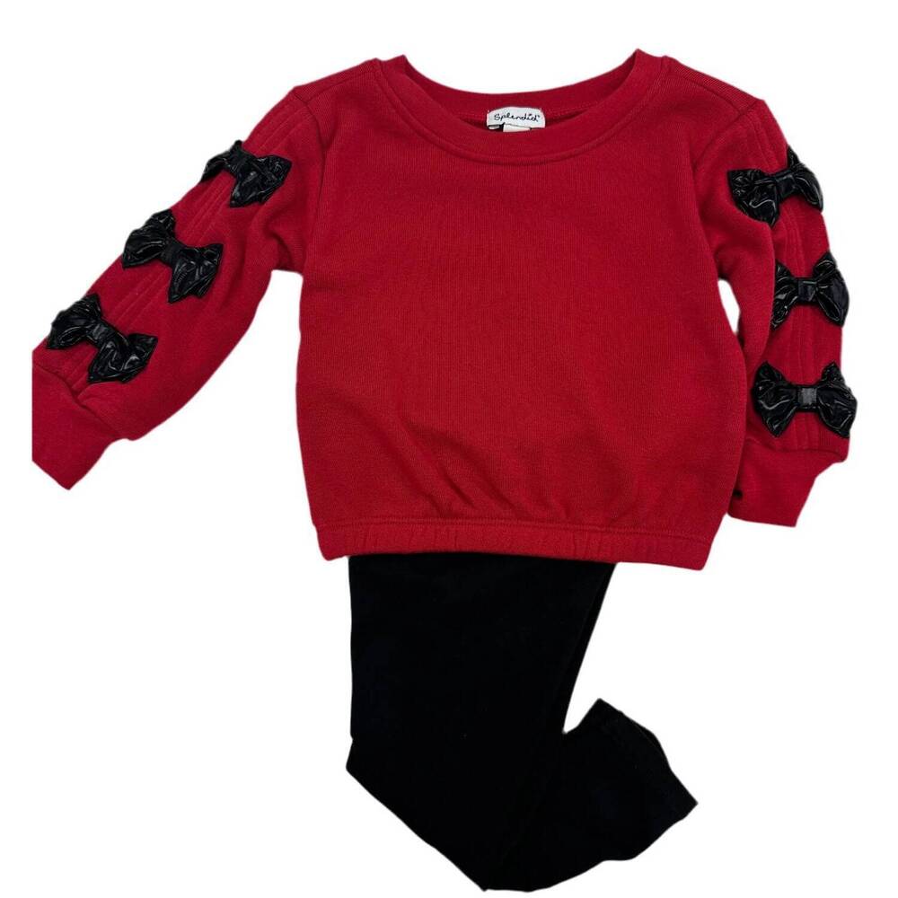 NEW SPLENDID kid's shiny bow sweatshirt set in black/ red